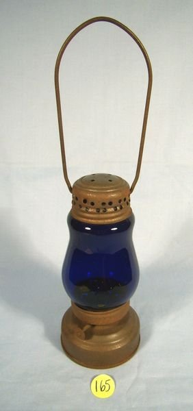 ANTIQUE SKATERS LANTERN W/ BLUE COLORED GLASS GLOB