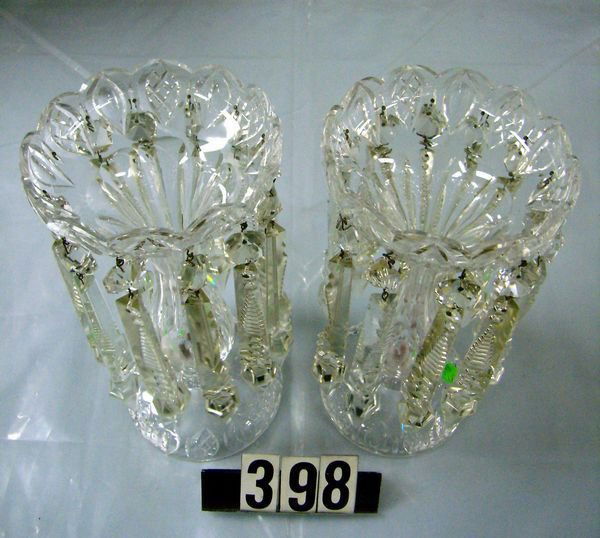 PAIR OF CUT GLASS MANTLE LUSTERS - 10 1/2" - ONE: PAIR OF CUT GLASS MANTLE LUSTERS - 10 1/2" - ONE W/SMALL CHIP ON BOTTOM & EACH MISSING ONE PRISM