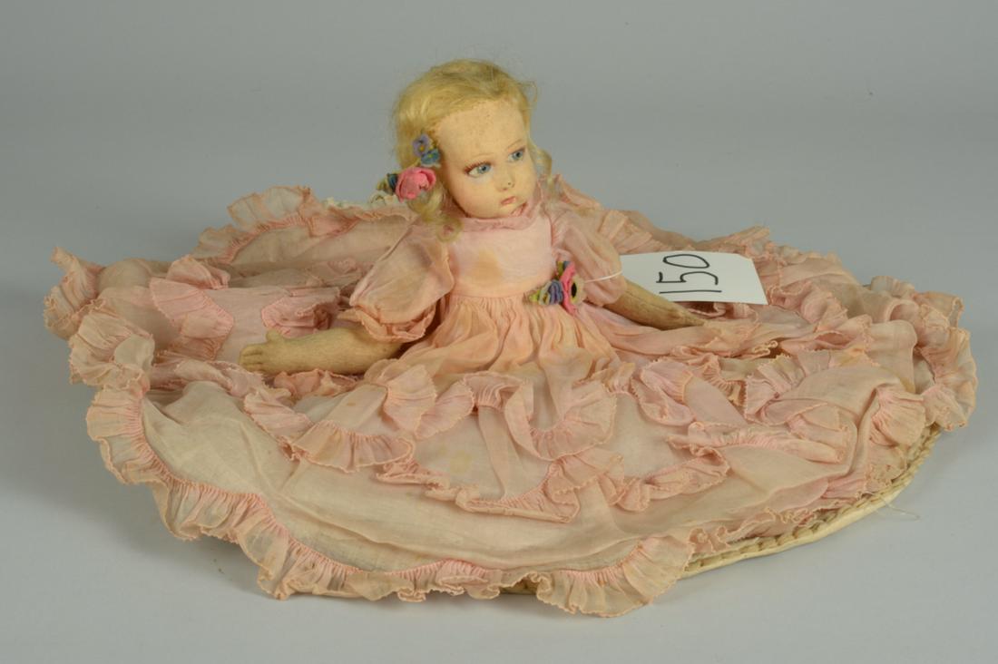 UNUSUAL LENCI CHILD PAJAMA BAG: ITALIAN FELT, BLUE PAINTED EYES, BLONDE MOHAIR WIG, ORIGINAL PINK ORGANDY DRESS CONCEALS A CLOTH POCKET, ORIGINAL PAPER HANG TAG VERY GOOD, SOME MOHAIR WIG LOSS, LIGHT OVERALL SOILING
