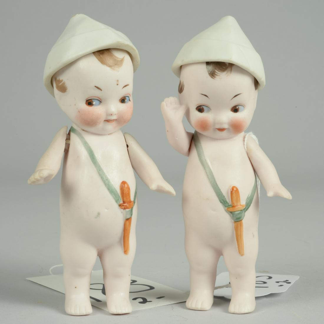 TWO UNUSUAL ALL BISQUE DOLLS WITH JOINTED HATS 5 1/4 IN (1 of 2)
