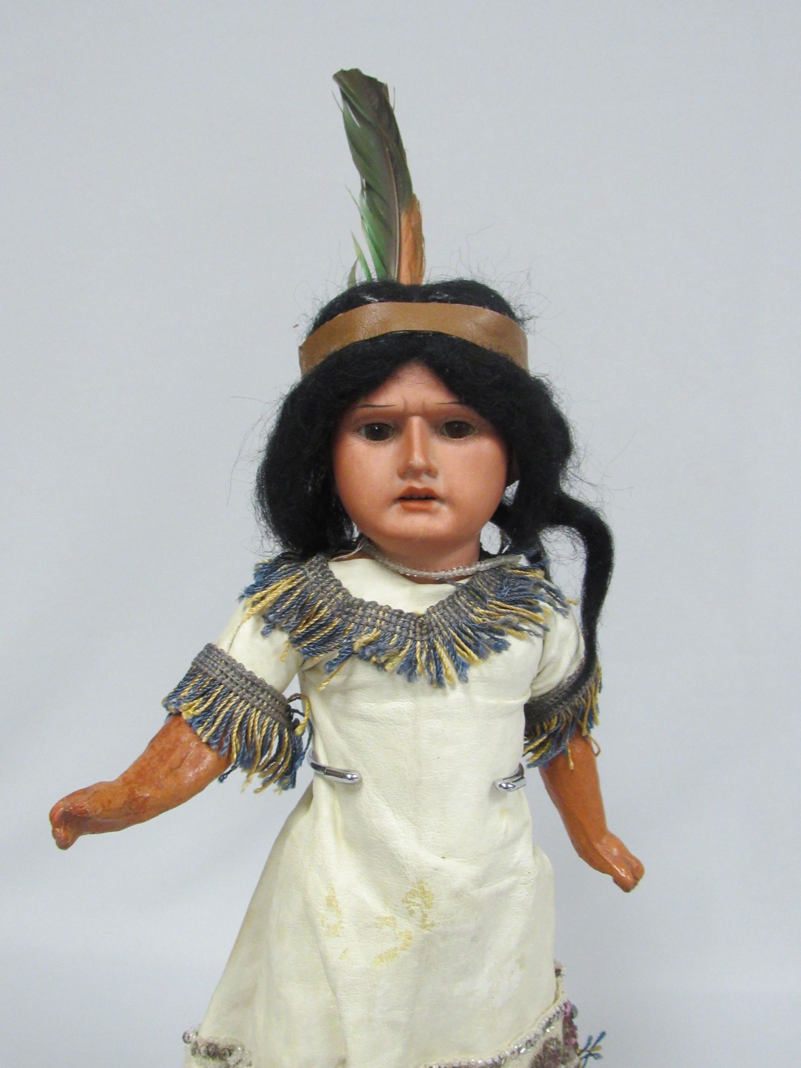 ARMAND MARSEILLE "SCOWLING INDIAN":: 14 IN. ALL ORIGINAL. BISQUE HEAD COMPO BABY WITH MOLDED & PAINTED YELLOW SHOES, NO DAMAGE OR REPAIRS - GOOD/VG