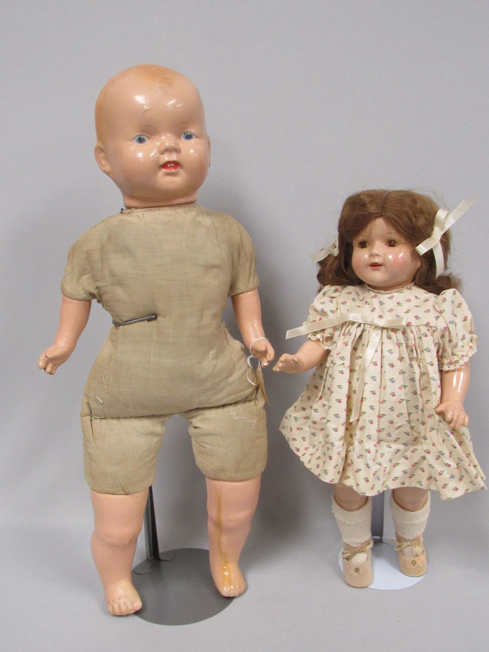 19 IN. & 25 IN. COMPO & CLOTH DOLLS:: EFFANBEE 19 IN. ROSEMARY WALK, TALK & SLEEP, COMPO SHOULDER HEAD & LIMBS, CLOTH BODY WITH CRYBOX (D.N.W.) COMPO & CLOTH BODY ARE NEAR EX, 25 IN. "HUG ME" KIDDIE PAL DOLL, COMPO HEAD & LIMBS, SLIGHT CR