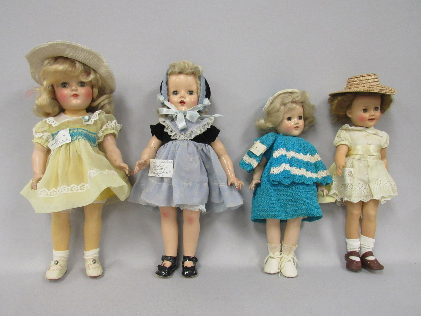 14 IN. TO 16 IN. HP & VINYL DOLLS:: 14 IN. P90 TONI REWIGGED. 15 IN. P91 TONI REWIGGED. 16 IN. HP MARKED MADE IN USA 170 3 HP. 15 IN. VINYL SHIRLEY TEMPLE