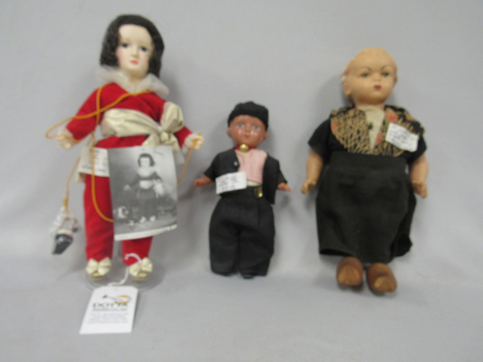 3 PCS. DOLL LOT:: 10 IN. CELLULOID BOY BUTTERFLY MARK, EFFANBEE BOY FROM PAINTING. WOOD & COMPO WALKING DOLL