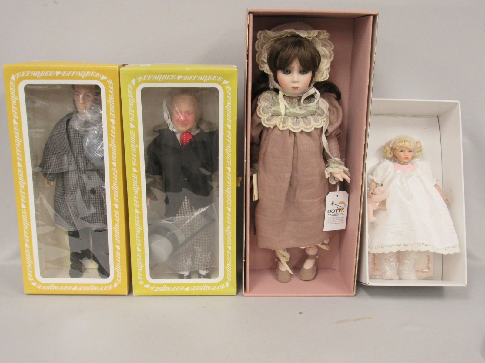2 EFFANBEE CHARACTERS & 2 PORCELAIN GIRLS:: 18 IN. SHERLOCK HOLMES - 18 IN. W.C. FIELDS BOTH VERY CLEAN CONDITION. PORCELAIN LOVE BY PAULINE 450/950 VERY CLEAN. LENOX 21 IN. CHINA DOLL VERY CLEAN