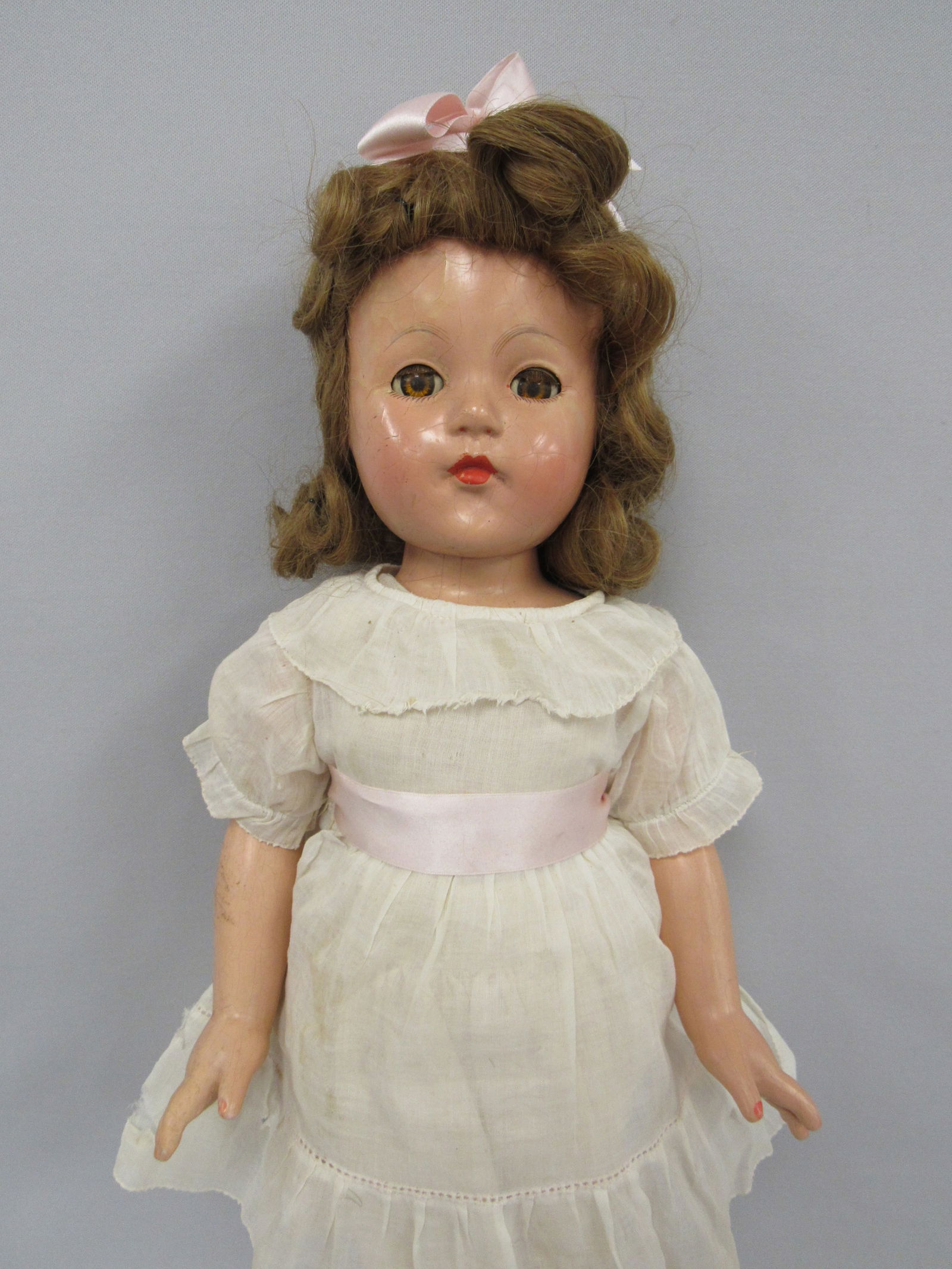 EFFANBEE "ANN SHIRLEY" COMPO 21 IN.:: TAGGED DRESS (HOLES & SOME STAINING) ORIGINAL HH WIG. ALL OVER LIGHT CRAZING - GOOD