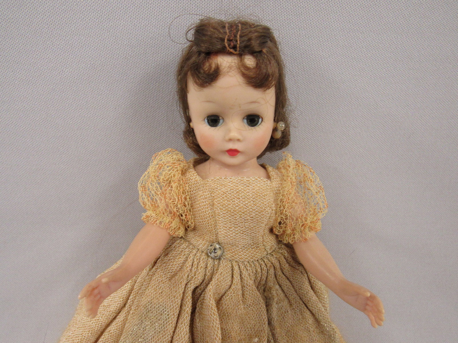 MADAME ALEXANDER "CISSETTE" 9 IN.:: HP FANCY HAIR & DRESS NOT TAGGED. MISSING PANTS, SHOES, STOCKINGS & ONE EARRING - GOOD
