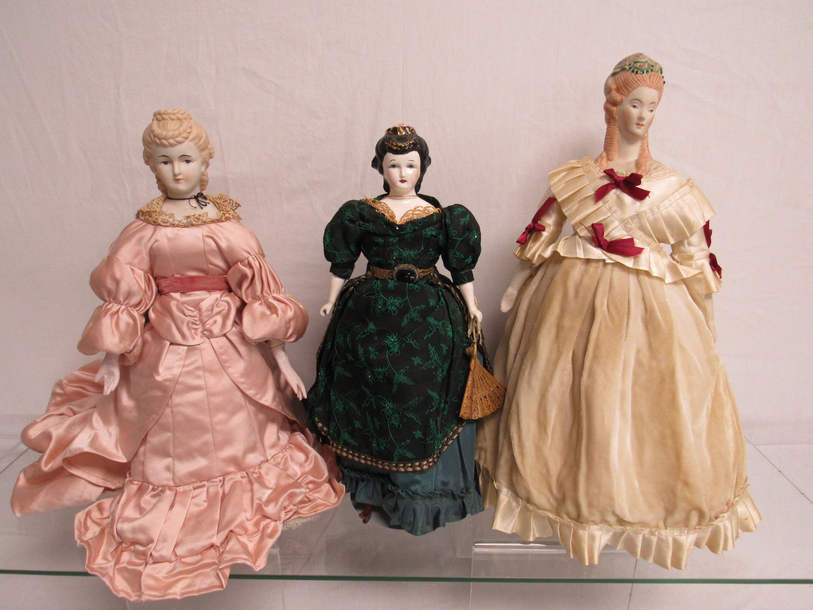 14 IN. BLACK HAIR WITH CHINA HEAD, 16 IN.  WITH PARIAN HEAD, 17 IN. PARIAN HEAD. ALL  HAVE CLOTH (1 of 5)