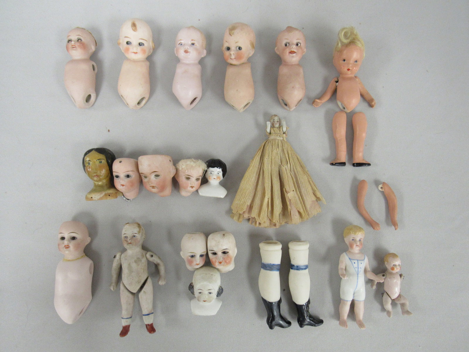 BOX LOT SMALL DOLL BISQUE HEADS & TORSOS: (1 of 9)