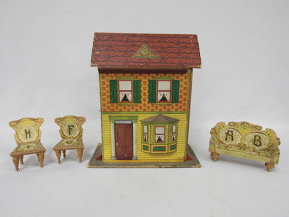 LITHOGRAPHED DOLL HOUSE & FURNITURE:: TA-KA-PART TOYS PAPER LITHO HOUSE ON WOOD IS 10 1/4 IN. H, 9 IN. W, 4 1/2 IN. D, CIRCA 1910, FRONT PANEL SWINGS OUT TO REVEAL THE PAPER LITHO DECORATED INTERIOR, ROOF & 3 SIDES OF THE HOUSE ARE WITH O