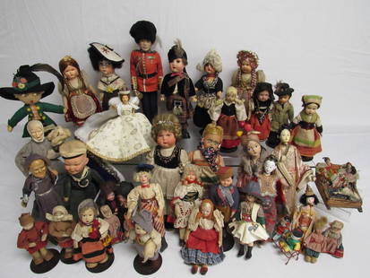 2 BOXES OF MOSTLY FOREIGN DOLLS:: INCLUDES 11 IN. A.M. 390 SCOTTISH DOLL, ALL ORIGINAL 10 1/2 BISQUE HEAD DUTCH GIRL, ALL ORIGINAL FARNELL'S ALPHA TOYS H.M. THE KING- ALL ORIGINAL WITH HANG TAG, ASST'D SIZE CLOTH RUSSIAN DOLLS, 6 IN.