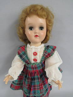 14 IN. IDEAL "TONI WALKER" H.P.:: ALL IN GOOD WORKING CONDITION, SARAN HAIR, IDEAL DRESS. REPLACED PANTY & SHOES