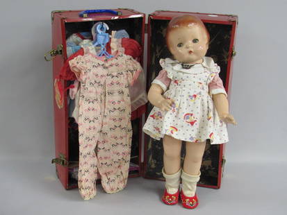 18 IN. EFFANBEE "PATSY-ANN":: ALL COMPO WITH TIN EYES. SHE HAS A TRUNK FULL OF CLOTHING. HER COMPO IS VERY CLEAN WITH ALMOST NO CRAZING