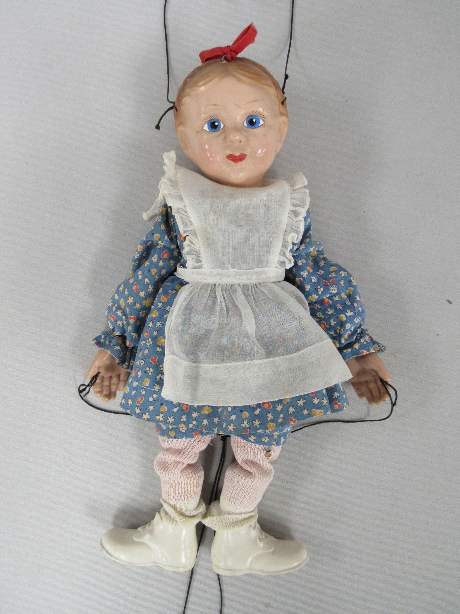 13 IN. "EMILY ANN" PUPPET:: BY PUPPETTEER VIRGINIA AUSTIN FOR EFFANBEE DOLL CO. PART OF THE CLIPPO THE CLOWN SERIES.SHE IS COMPO, WOOD, PLASTIC & CLOTH. OVERALL GOOD CONDITION FOR AGE. EYES HAVE BEEN REPAINTED