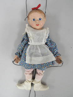 13 IN. "EMILY ANN" PUPPET:: BY PUPPETTEER VIRGINIA AUSTIN FOR EFFANBEE DOLL CO. PART OF THE CLIPPO THE CLOWN SERIES.SHE IS COMPO, WOOD, PLASTIC & CLOTH. OVERALL GOOD CONDITION FOR AGE. EYES HAVE BEEN REPAINTED