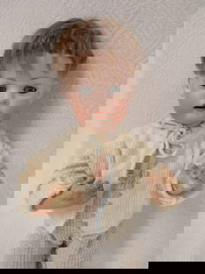 11 IN. BISQUE HEAD COMPO BODY BABY:: KONIG & WERNICKE HEAD IS DAMAGE & CRACK FREE. SLEEP EYES, HEAD IS DAMAGE & CRACK FREE. SLEEP EYES, OPEN MOUTH WITH 2 TEETH. BODY IS CLEAN. THE MOST WEAR IS ON HANDS & FEET