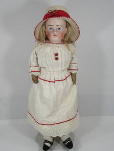 24 IN. SIDE GLANCING, SOLID DOME SHOULDER PLATE:: IN BISQUE ON A CLOTH BODY. HEAD MADE BY ALT, BECK & GOTTSCHALK. SHE HAS PAINTED EYES. THERE IS NO DAMAGE TO HEAD