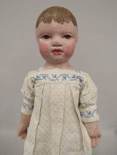 21 IN. PHILADELPHIA BABY:: ALL CLOTH WITH PAINTED SHOULDER HEAD, LOWER ARMS & LEGS. STOCKING BODY. POSSIBLY ORIGINAL UNDERWEAR & DRESS. HEAD HAS BEEN TOUCHED UP