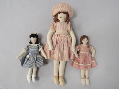 HANDMADE 11 IN. MOTHER CLOTH DOLL:: WITH (2) 7 IN. DAUGHTERS. YARN HAIR. LOVELY HAND PAINTED FACES. RED DRESS HAS SOME STAINING