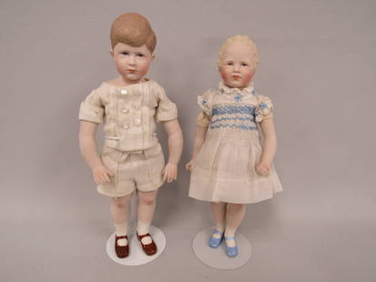ARTIST MARTH D. THOMPSON DOLLS:: 10 IN. "PRINCE CHARLES" & "PRINCESS ANNE" PORCELAIN & CLOTH. MADE IN 1953 FOR THE CORONATION OF ELIZABETH II