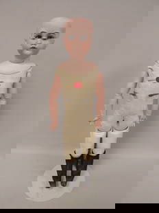 23 IN. ARMAND MARSEILLE MARKED ON HEAD:: DUCHESS A6M MADE IN GERMANY. BISQUE HEAD WITH SLEEP EYES, OPEN MOUTH WITH TEETH. SHOULDER PLATE & HEAD HAVE NO DAMAGE. KID BODY HAS JOINTED COMPO ARMS & HANDS - LEFT LOWER ARM HAS A CRACK ON ONE