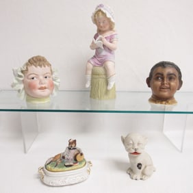 LOT OF BISQUE FIGURINES & TRINKET BOX: