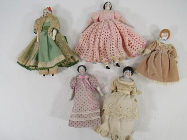 BOX OF 5 SMALL CHINA HEAD DOLLS 6 IN. - 8 IN.: