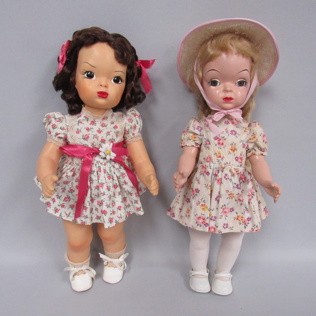 (2) 16 IN. DOLLS 1950'S EARLY PAT-PENDING:: TERRY LEES. TAGGED DRESS, ORIGINAL HAIR SET, "S" BROWS. MARY JANE WALKING TERRY LEE LOOK-A-LIKE (LATER SUED BY TERRI LEE FOR COPYRIGHT & HAD TO CHANGE HEAD) WEARING TAGGED TERRI DRESS