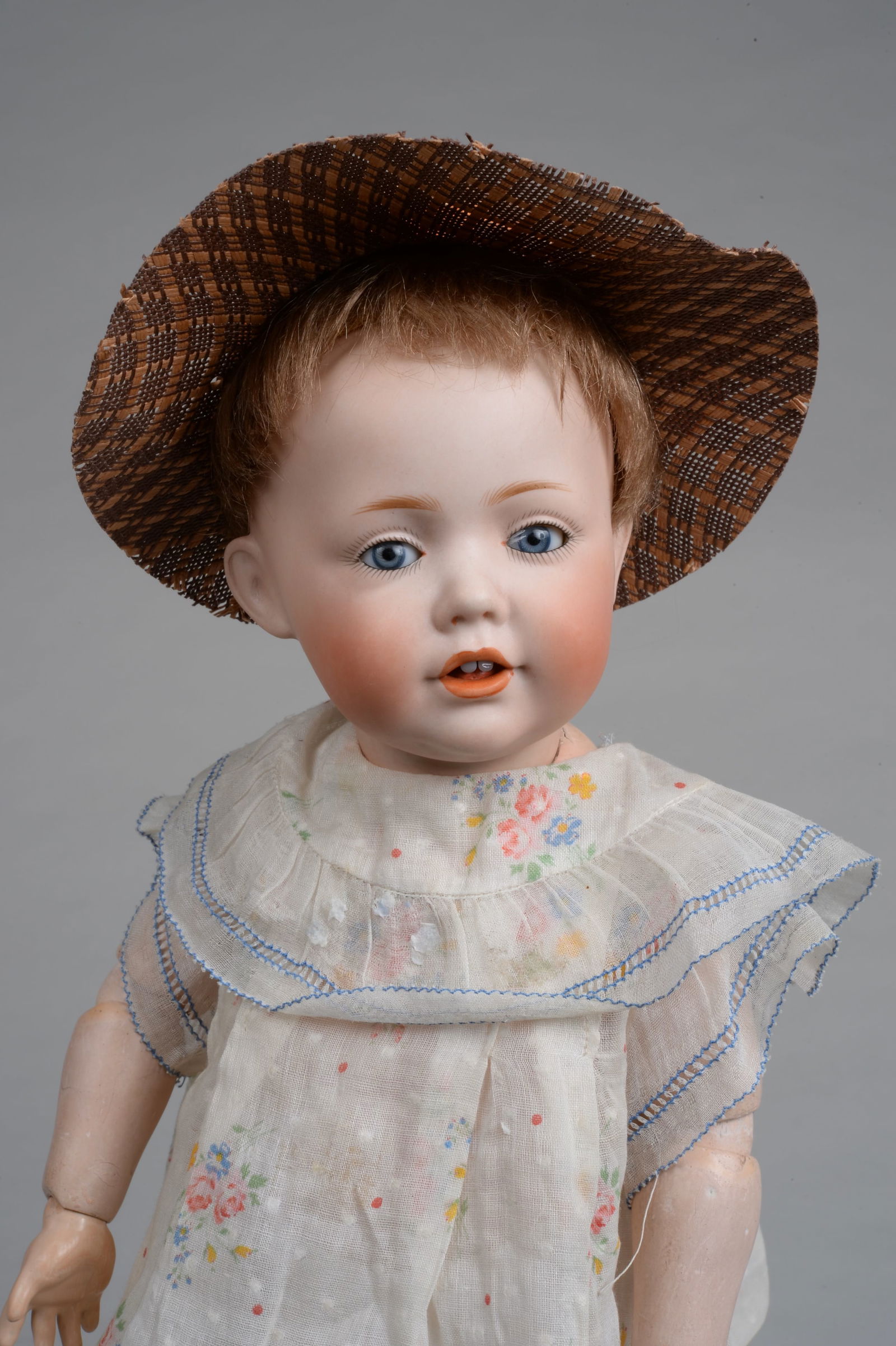 13 IN. ADORABLE J. D. KESTNER HILDA TODDLER:: KESTNER, GERMANY, CIRCA 1914, BISQUE SOCKET HEAD INCISED D MADE IN GERMANY 8 237 1914 HILDA, MOLDED & PAINTED FEATURES WITH SLEEPING BLUE GLASS EYES, BLUSHED FULL CHEEKS, OPEN MOUTH WITH HIGH UPPER LI