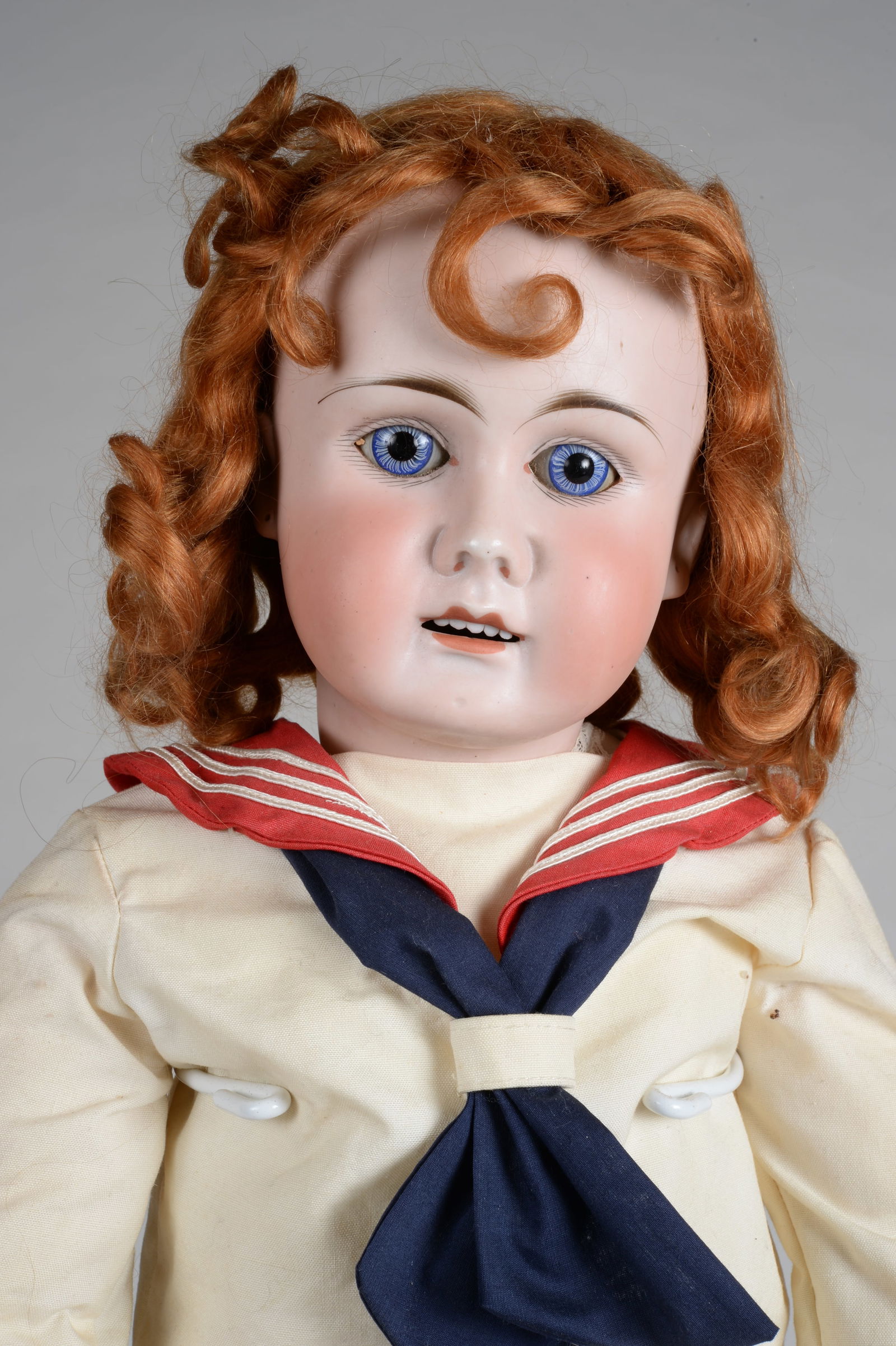 25 IN. EARLY SONNEBERG CHARACTER CHILD:: SONNEBERG, GERMANY, CIRCA 1895, BISQUE SOCKET HEAD INCISED 15. 14 S, DEEPLY MODELED WITH STRONG FEATHERED EYEBROWS, THREADED BLUE GLASS SET EYES, STRONG NOSE MODELING, SMILING WIDE OPEN MOUTH WITH FIV