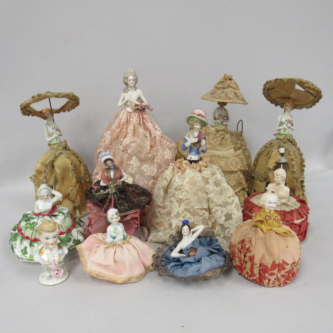BOX LOT OF 6 HALF DOLL LAMPS & 5 PIN CUSHIONS: (1 of 15)