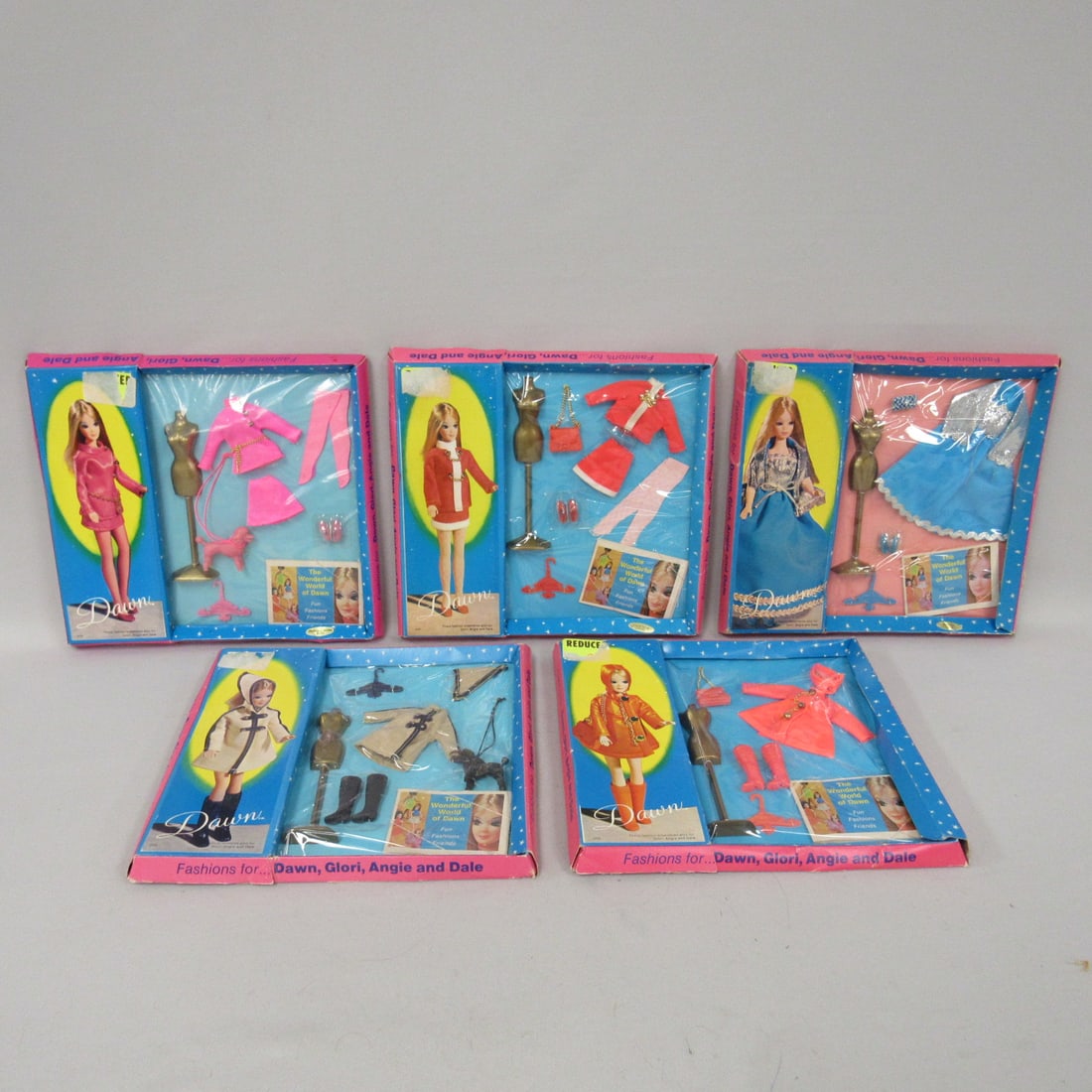 5 M.I.B. FASHIONS FOR DAWN:: GLORI, ANGIE & DALE DOLLS. BOXES HAVE PACKING STRESS & STICKER RESIDUE IN UPPER LEFT CORNERS. CELLOS ARE ALL INTACT
