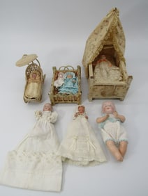6 BISQUE BABY DOLLS & FURNITURE: