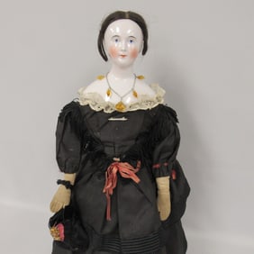 22-23 IN. ANTIQUE CHINA HEAD SOLID DOME WITH HUMAN HAIR WIG:
