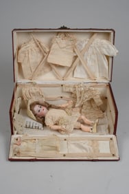 9 IN. K & R DOLL IN ORIGINAL WARDROBE TRUNK: