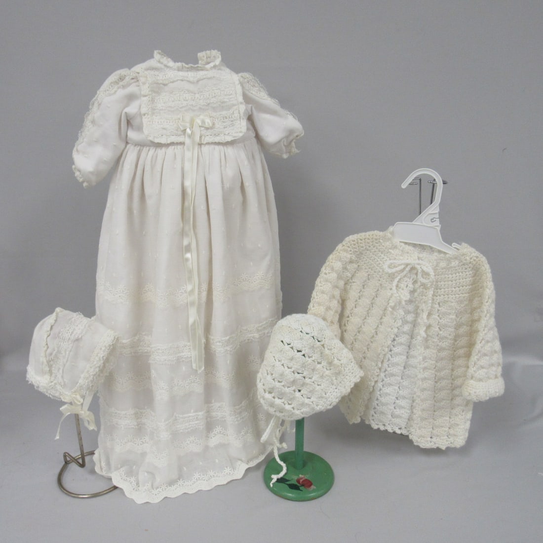 CHRISTENING DRESS & BONNET:: DRESS IS 24 IN. SHOULDER TO HEM, BONNET IS 4.5 IN. TOP TO BOTTOM. ALSO INCLUDED IS A CROCHET SWEATER & BONNET - G