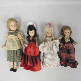 4 PAINTED EYE COMPO DOLLS IN ORIGINAL COSTUMES:
