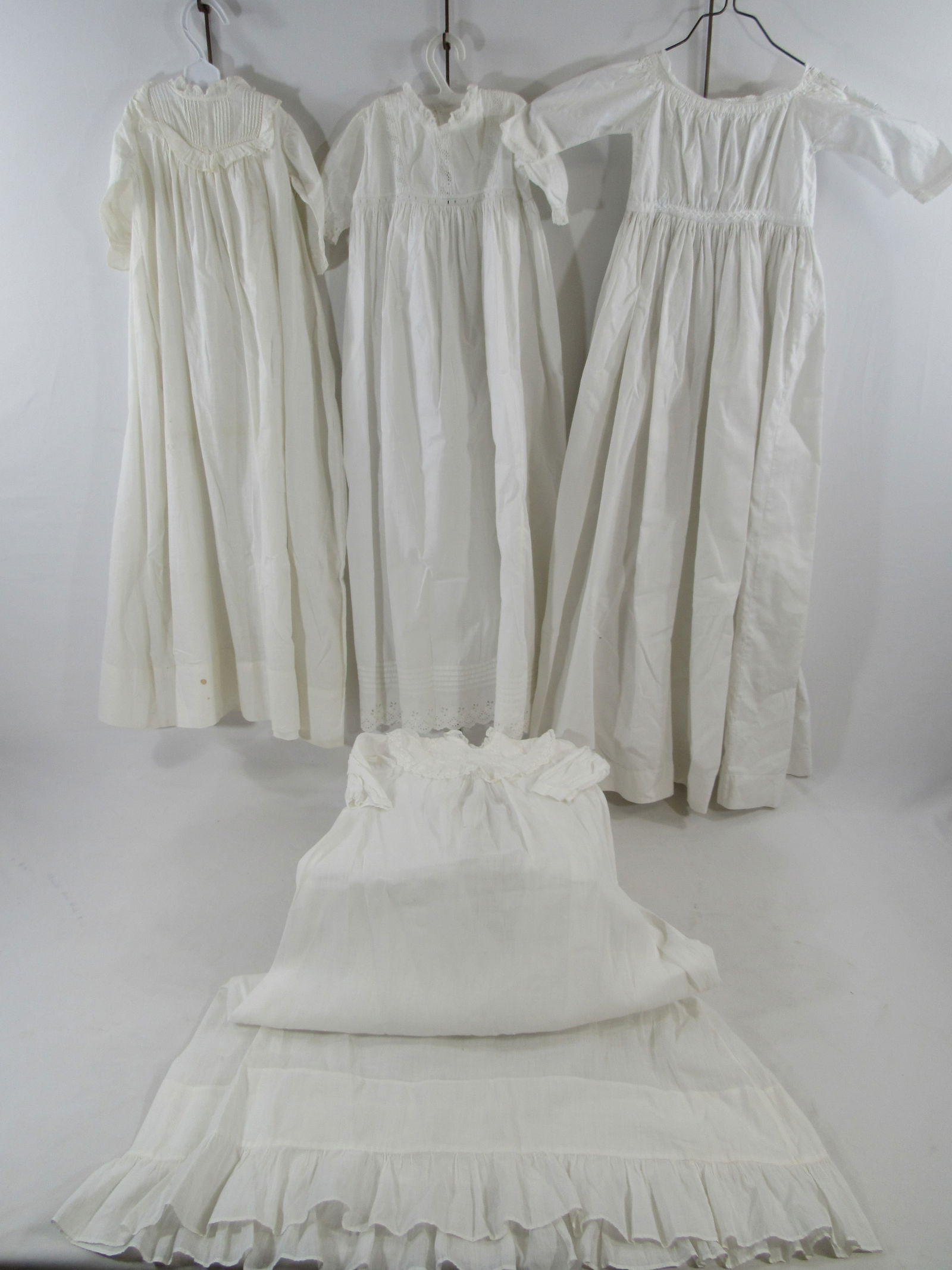 ANTIQUE WHITE COTTON CHRISTENING DRESSES:: ALL WITH VARIOUS TYPES OF EMBELISHMENT. LACE, EMBROIDERY, TUCKIGN & RUFFLING - G
