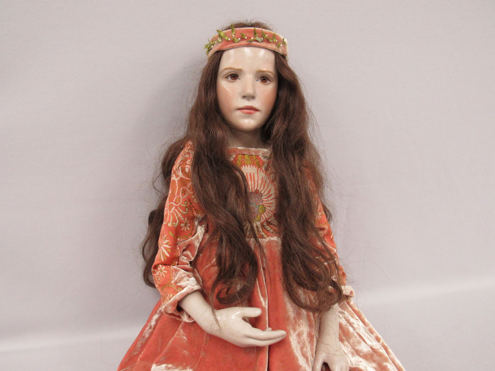 31 IN. BRIGETTE DEVAL WAX OVER PORCELAIN:: ONE OF KIND ARTIST DOLL, ALL ORIGINAL. WAX OVER PORCELAIN PARTS INCLUDE SHOULDER HEAD, FOREARMS & HANDS, LOWER LEG (CALF) & FEET. NO DAMAGE OR REPAIRS - EXCELLENT