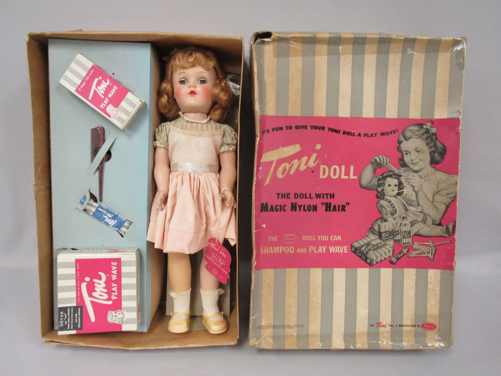 IDEAL "TONI" P-92, 20:: NOT PLAYED IN BOX, SLIGHT FADING TO OUTFIT, ORIGINAL CURLS, BRIGHT COLORING TO FACE, SEE PHOTOS OF ACCESSORIES