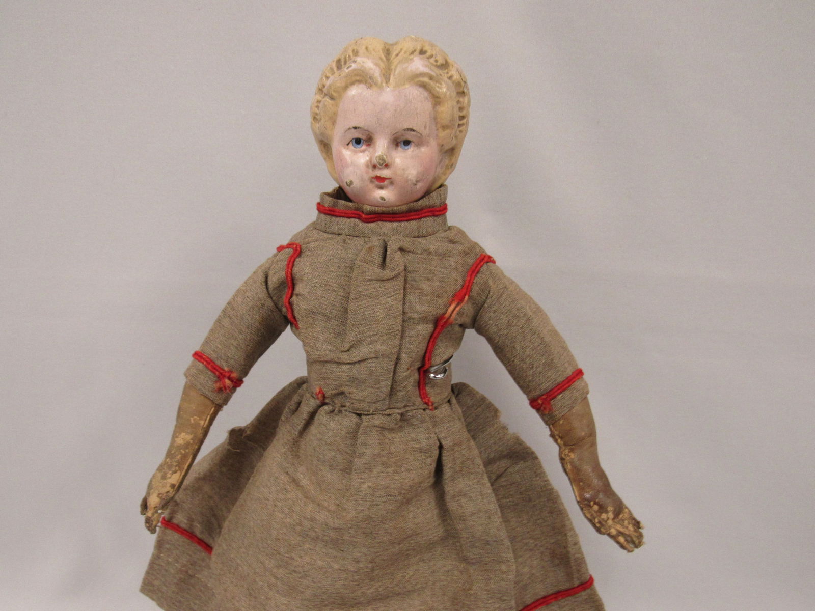 16 IN. GREINER BLONDE DOLL:: PAPER MACHE SHOULDERPLATE WITH LABEL GRENIER'S PATENT DOLL HEADS No. 3 PAT MAR 20 '58, FACTORY 414 S 4TH ST PHILA. GREAT OLD CLOTH BODY WITH PRINTED STOCKINGS, LEATHER BOOTS & ARMS. SCUFFS ON 