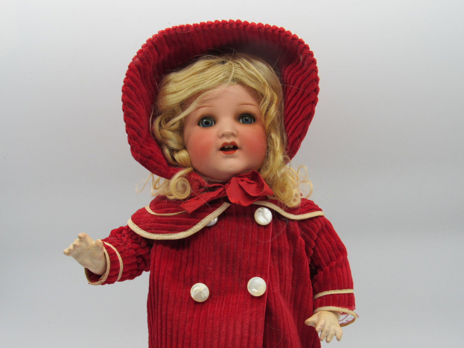 16 IN. HEUBACH 342, 5 PC. COMPO BODY:: PAINTED BISQUE HEAD, SLEEP EYES, 2 TEETH, WOBBLE TONGUE, MOHAIR WIG, HEAD TO TOE ALL ORIGINAL - G