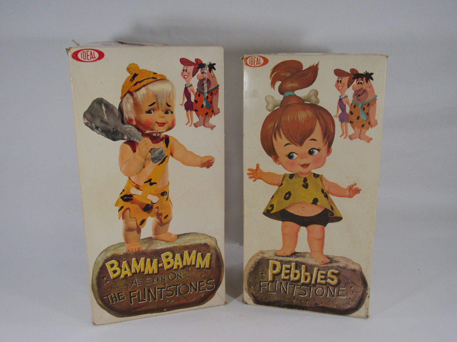 IDEAL 16 IN. PEBBLES & BAMM-BAMM 1963:: ALL ORIGINAL IN BOXES WITH ALL ACCESSORIES. BOXES MAY HAVE CORNER DENTS & SCUFFS FROM STORAGE - G/VG