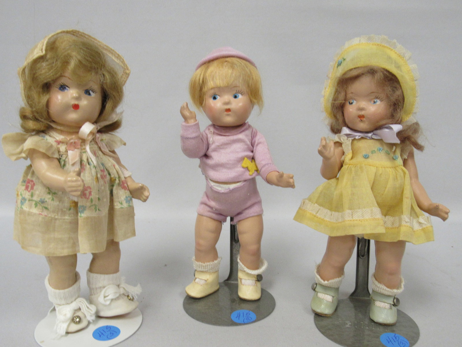 (3) VOGUE COMPO TODDLES DOLLS:: EACH 7 1/2 IN. - 8 IN. H, PAINTEDSIDE GLANCING EYES, JOINTED AT SHOULDERS & HIPS