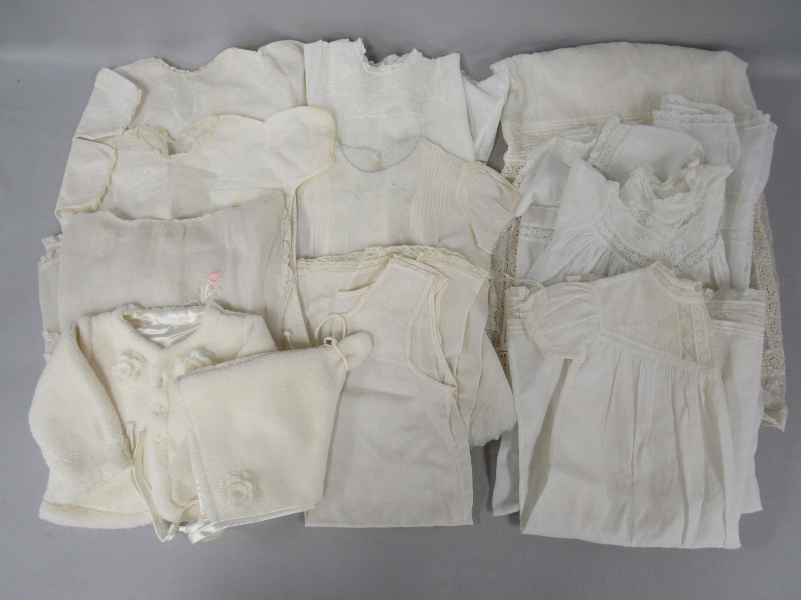 BABY DRESS LOT:: INCLUDES 8 PIECES OF BABY DRESSES, COAT & CHRISTENING DRESSES. SOME WITH VERY ELABORATE LACE OR EMBROIDERED TRIM - G