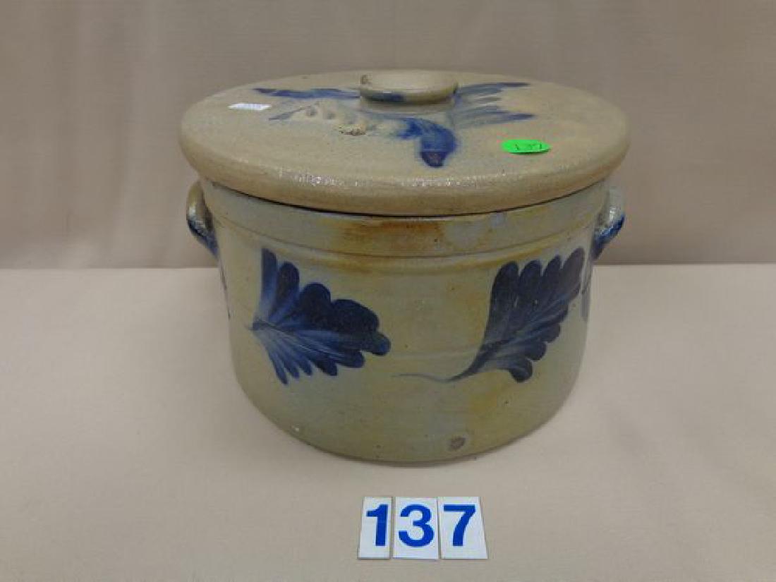 BLUE DECORATED STONEWARE BUTTER CROCK - (1 of 2)