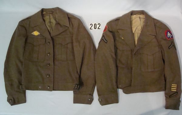 (2) W.W. II PERIOD 'IKE' JACKETS,: ONE NAMED TO PFC 'HORNE', 2ND JACKET DATED JUNE 10,1944, PATCHES REMOVED FROM 2ND JACKET - GOOD CONDITION