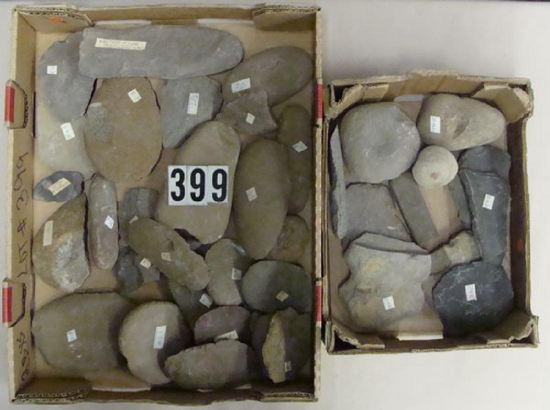 BOX OF KNIVES, CHOPPERS, ETC.: (WALTER'S FARM SHAWNEE-ON-THE-DELAWARE,PA) & BOX OF FLAT HAMMERSTONES, ETC. FROM THE DAVE HESTER COLLECTION - AS FOUND LOT