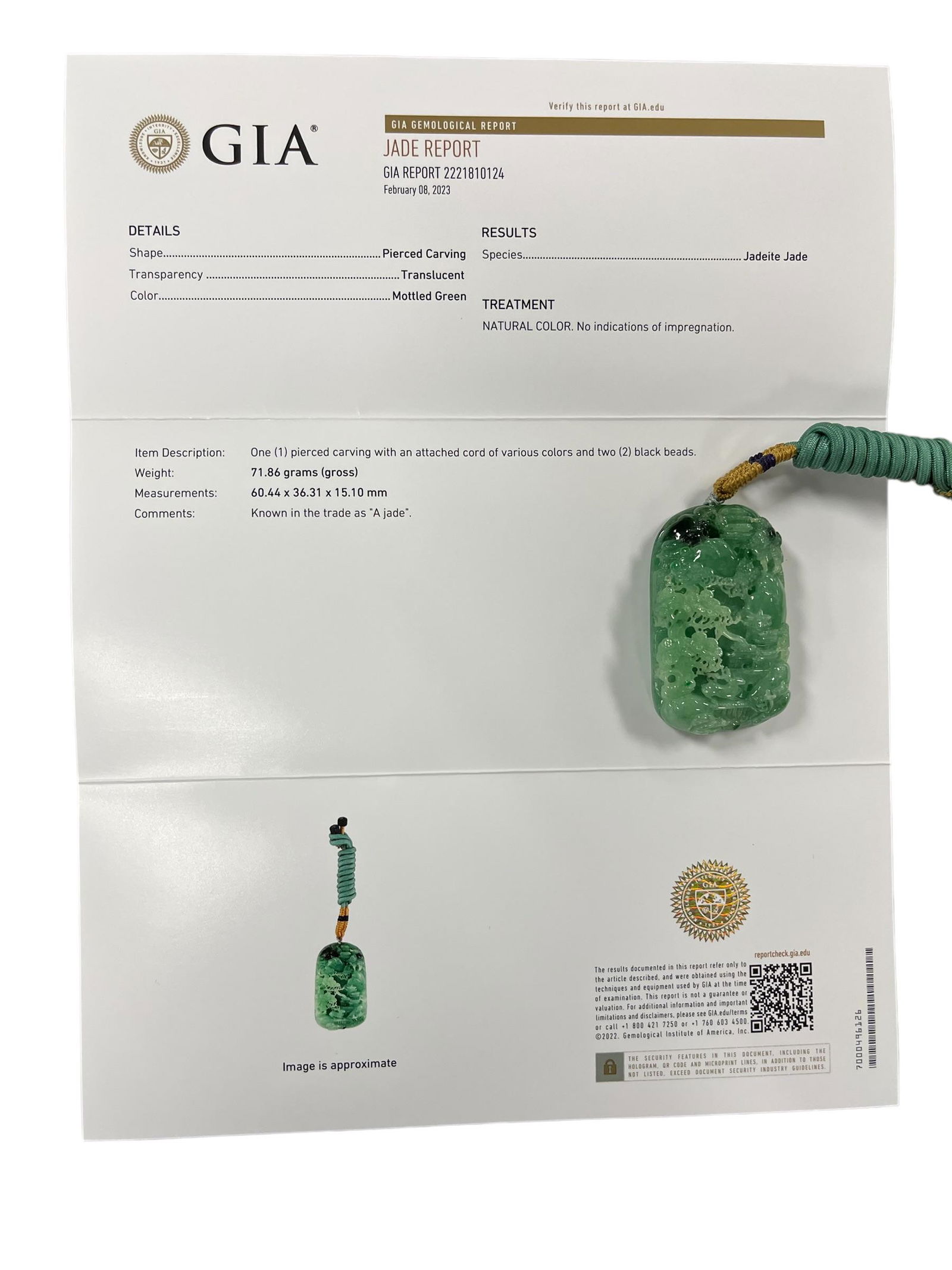 GIA Certified Grade A Jadeite Pendant: GIA Certified Grade A Jadeite Pendant. Grade A means that the jade is completely natural with absolutely zero treatment. This is the highest quality jadeite there is. Grade B means that it has been tr