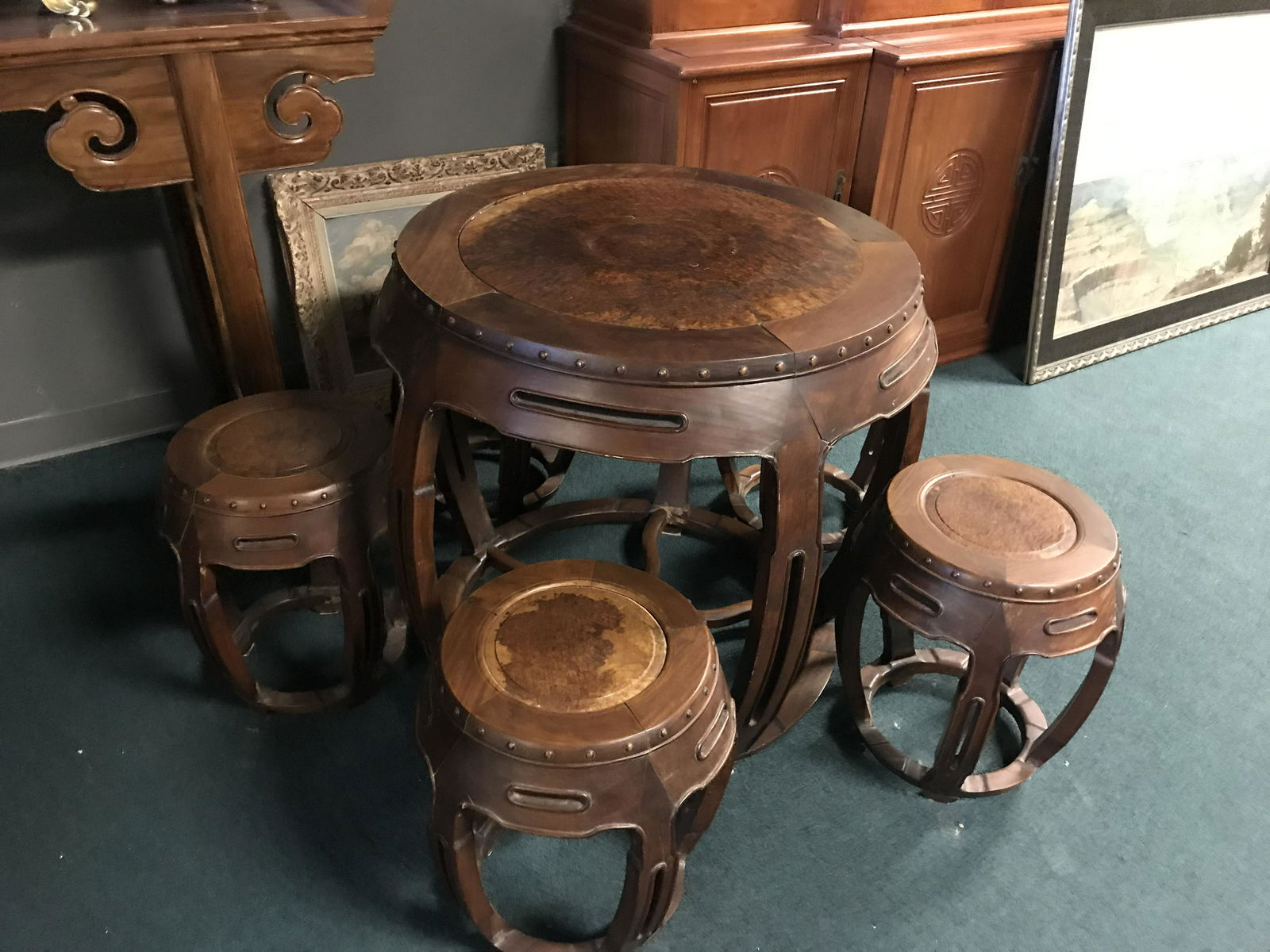 Antique 19th C. Chinese Hardwood and Burlwood Table and Five Chair Set: Antique 19th C. Chinese Hardwood and Burlwood Table and Five Chair Set, Height: 30.5 Inches, Diameter: 32 Inches